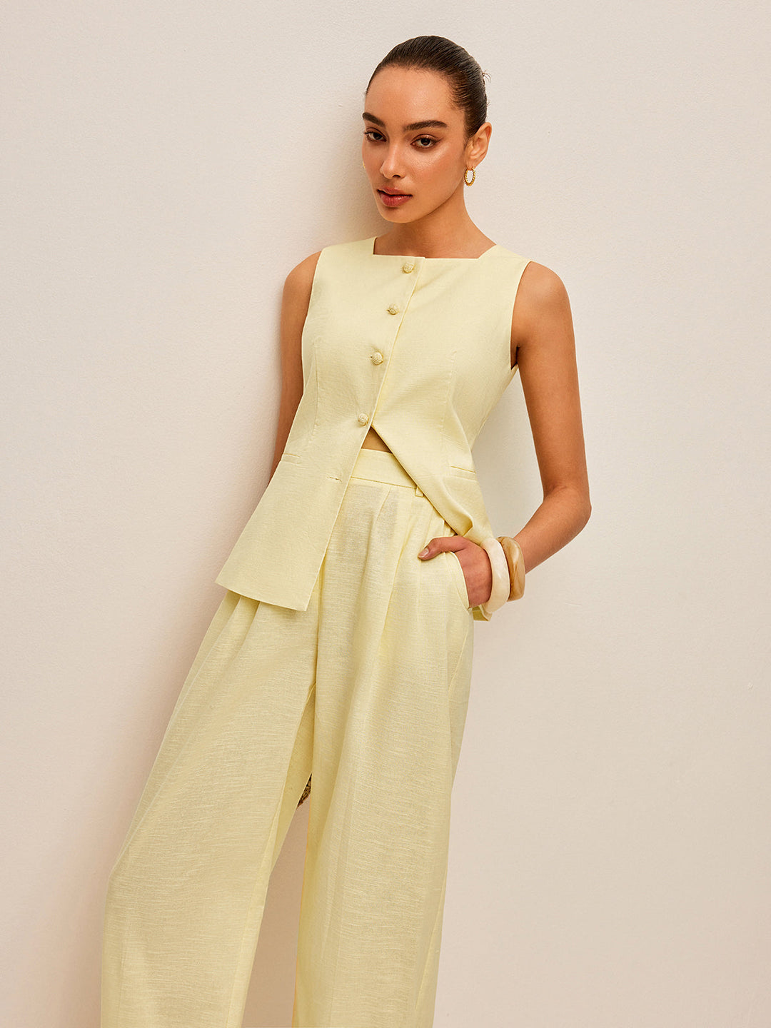 Cotton & Linen Tie-Back Vest With Pockets Pants Set  Liora Lane Boutique Pant Sets Yellow / XL 177.99