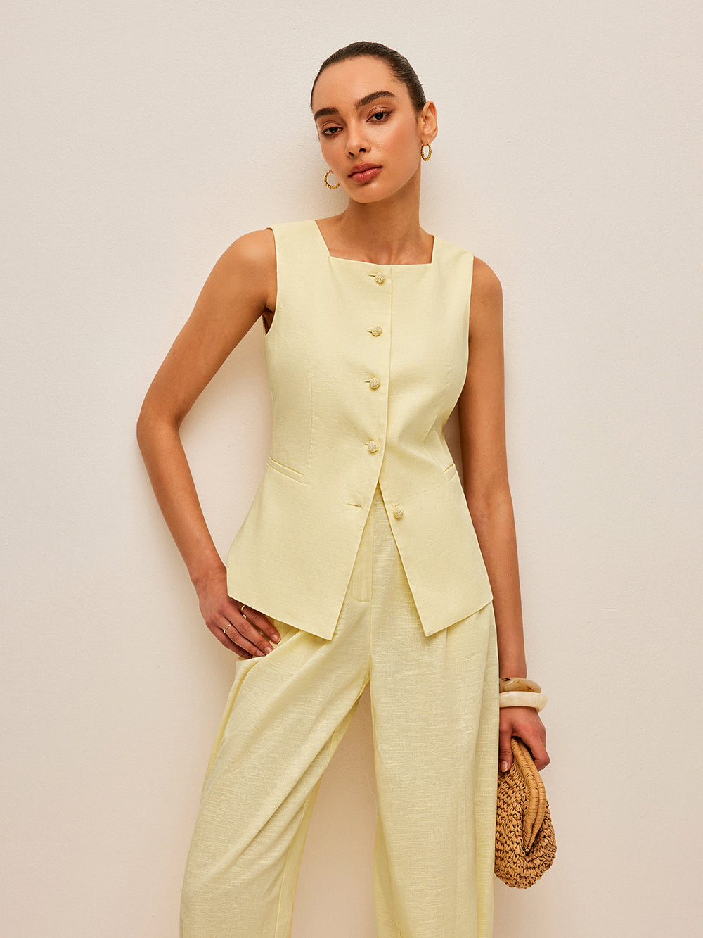 Cotton & Linen Tie-Back Vest With Pockets Pants Set  Liora Lane Boutique Pant Sets