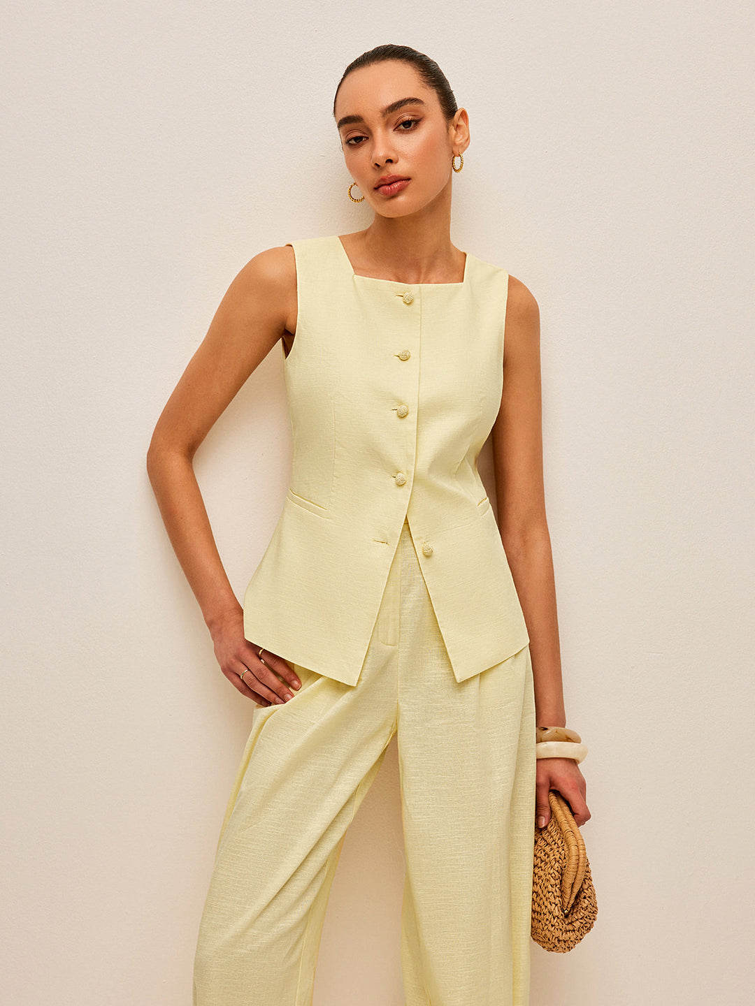 Cotton & Linen Tie-Back Vest With Pockets Pants Set  Liora Lane Boutique Pant Sets