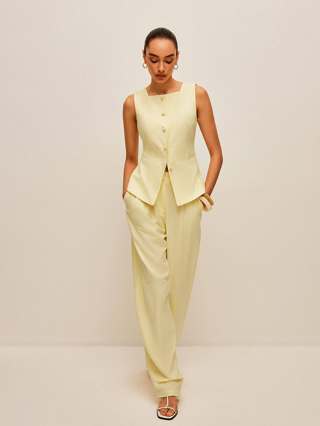 Cotton & Linen Tie-Back Vest With Pockets Pants Set  Liora Lane Boutique Pant Sets