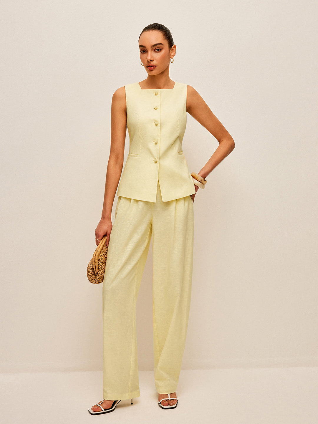 Cotton & Linen Tie-Back Vest With Pockets Pants Set  Liora Lane Boutique Pant Sets