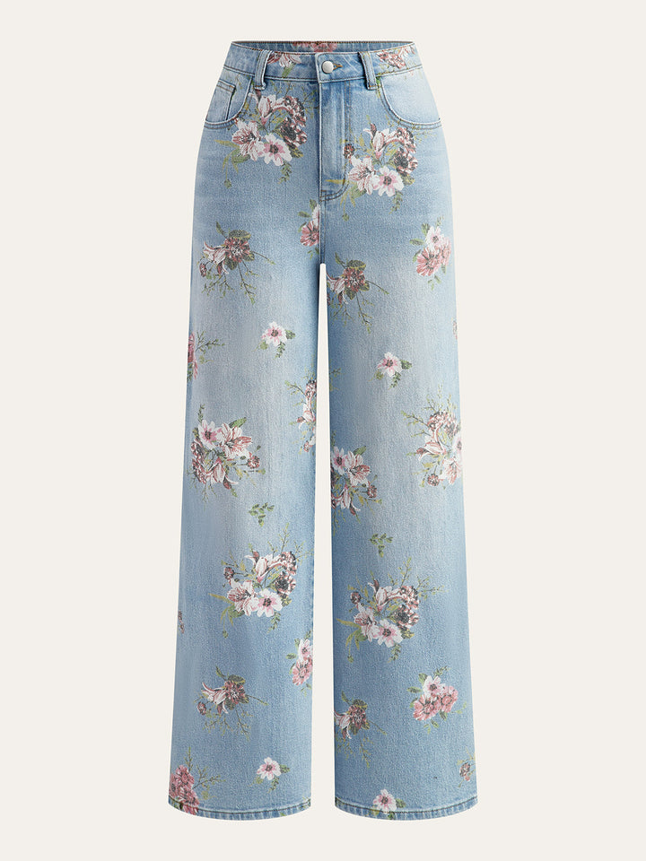 Floral Print Mid-Waist Denim Pants  Liora Lane Boutique Jeans LightBlue / XL 59.00