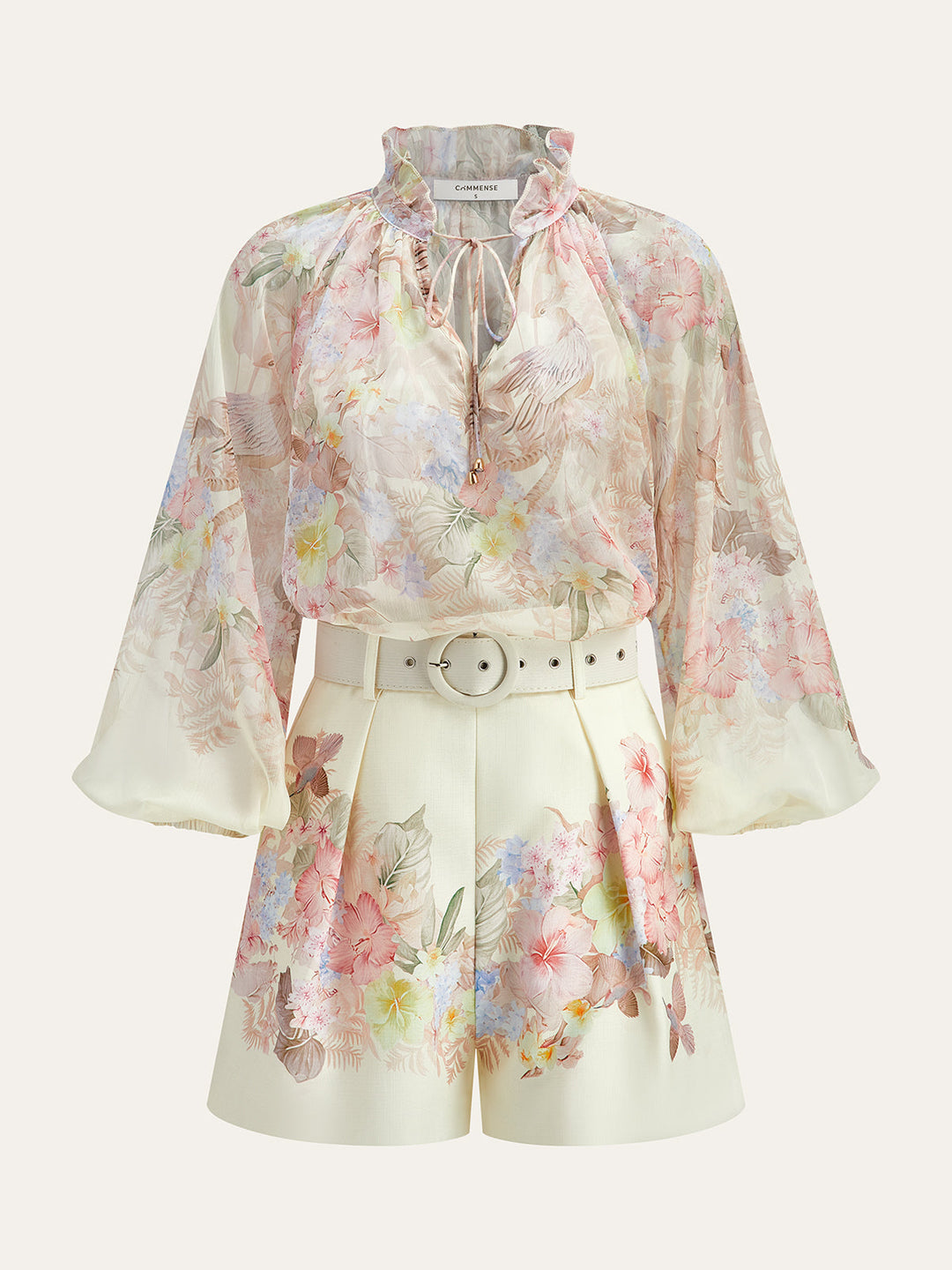Floral Print Three-Piece Shorts Set With Belt  Liora Lane Boutique Short Sets Apricot / XL 72.00