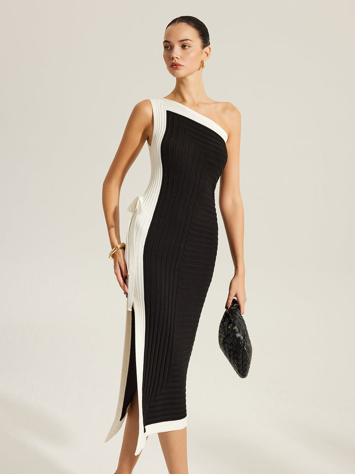 Side Tie Color-Block One-Shoulder Knit Dress  Liora Lane Boutique Sweater Dresses