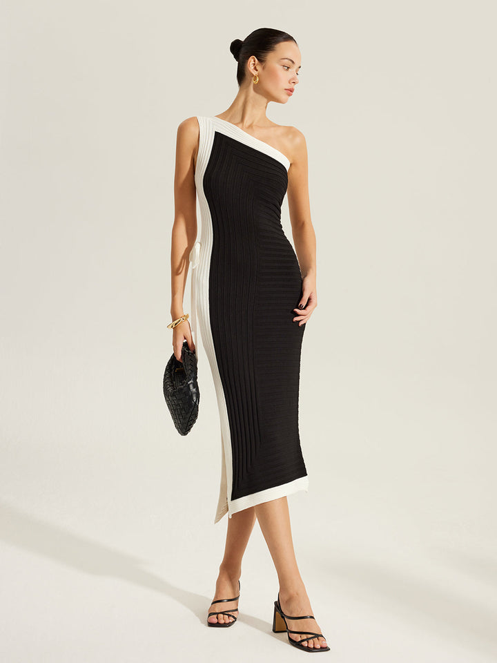 Side Tie Color-Block One-Shoulder Knit Dress  Liora Lane Boutique Sweater Dresses Black / XL 49.00
