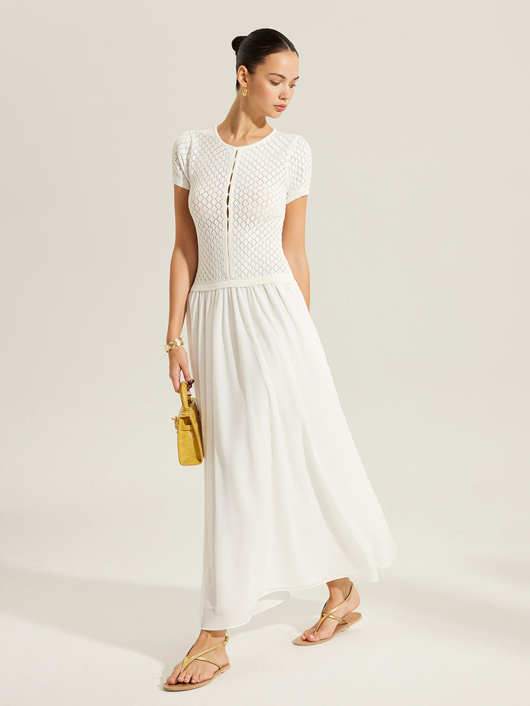 Sheer-Panel Button-Front Knit Dress  Liora Lane Boutique Sweater Dresses White / XL 153.99