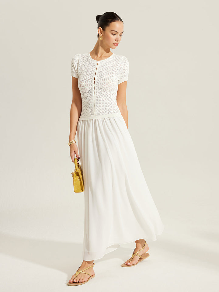 Sheer-Panel Button-Front Knit Dress  Liora Lane Boutique Sweater Dresses White / XL 153.99
