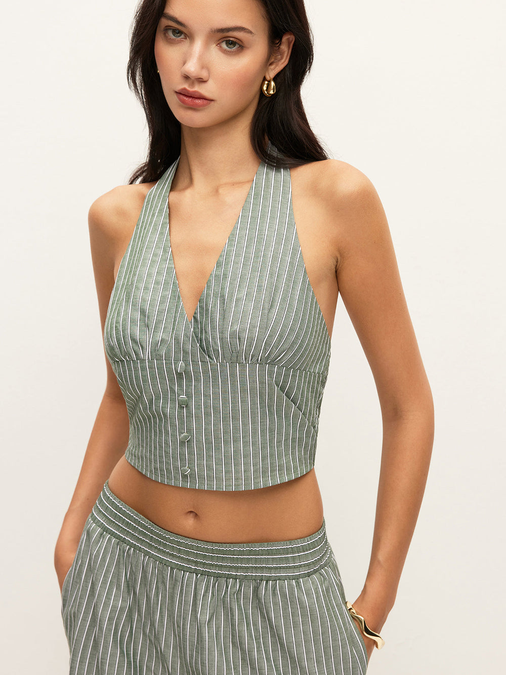 Striped Button-Detail Halter Top With Pants Set  Liora Lane Boutique Pant Sets