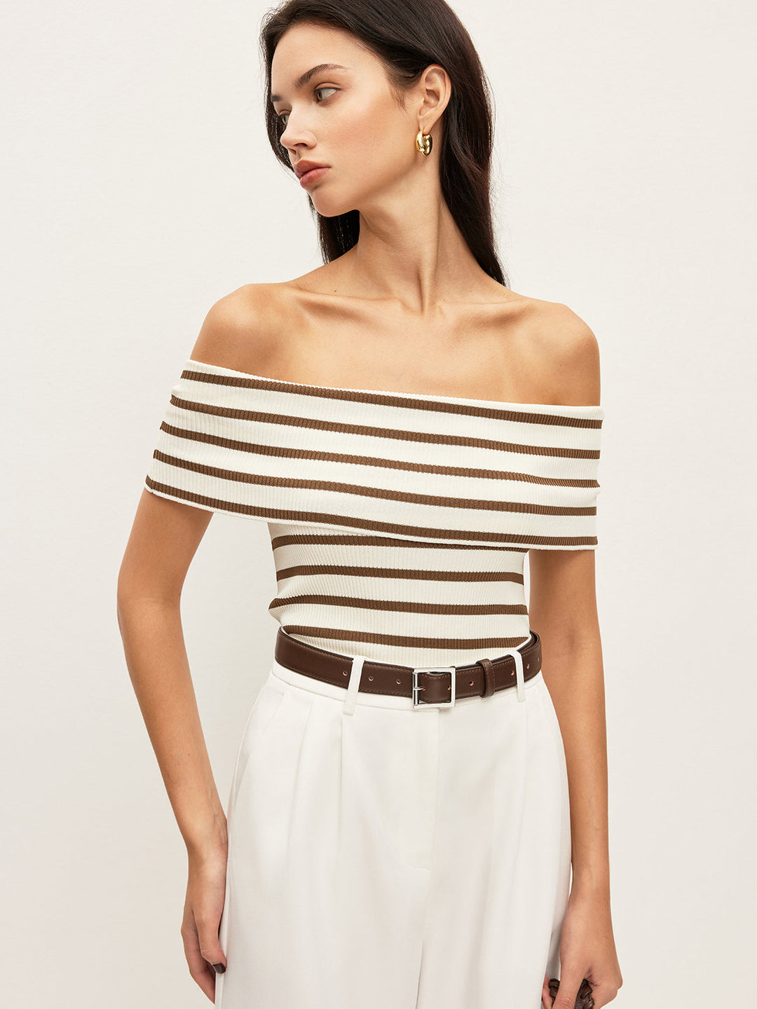 Striped Off-Shoulder Ribbed Top  Liora Lane Boutique Knit Tops Off-White / XL 89.99