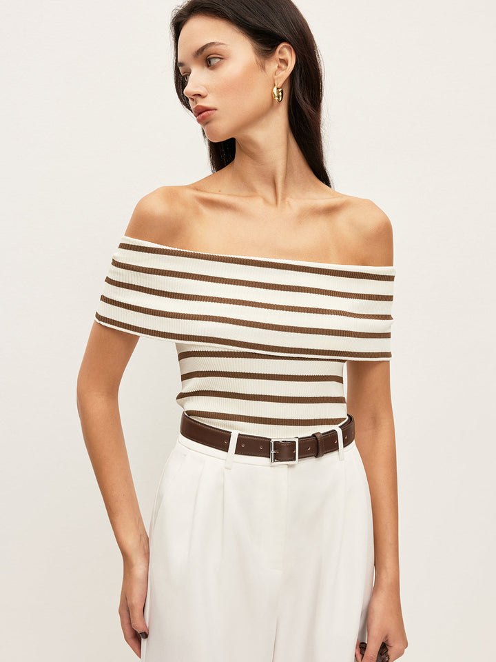 Striped Off-Shoulder Ribbed Top  Liora Lane Boutique Knit Tops Off-White / XL 89.99