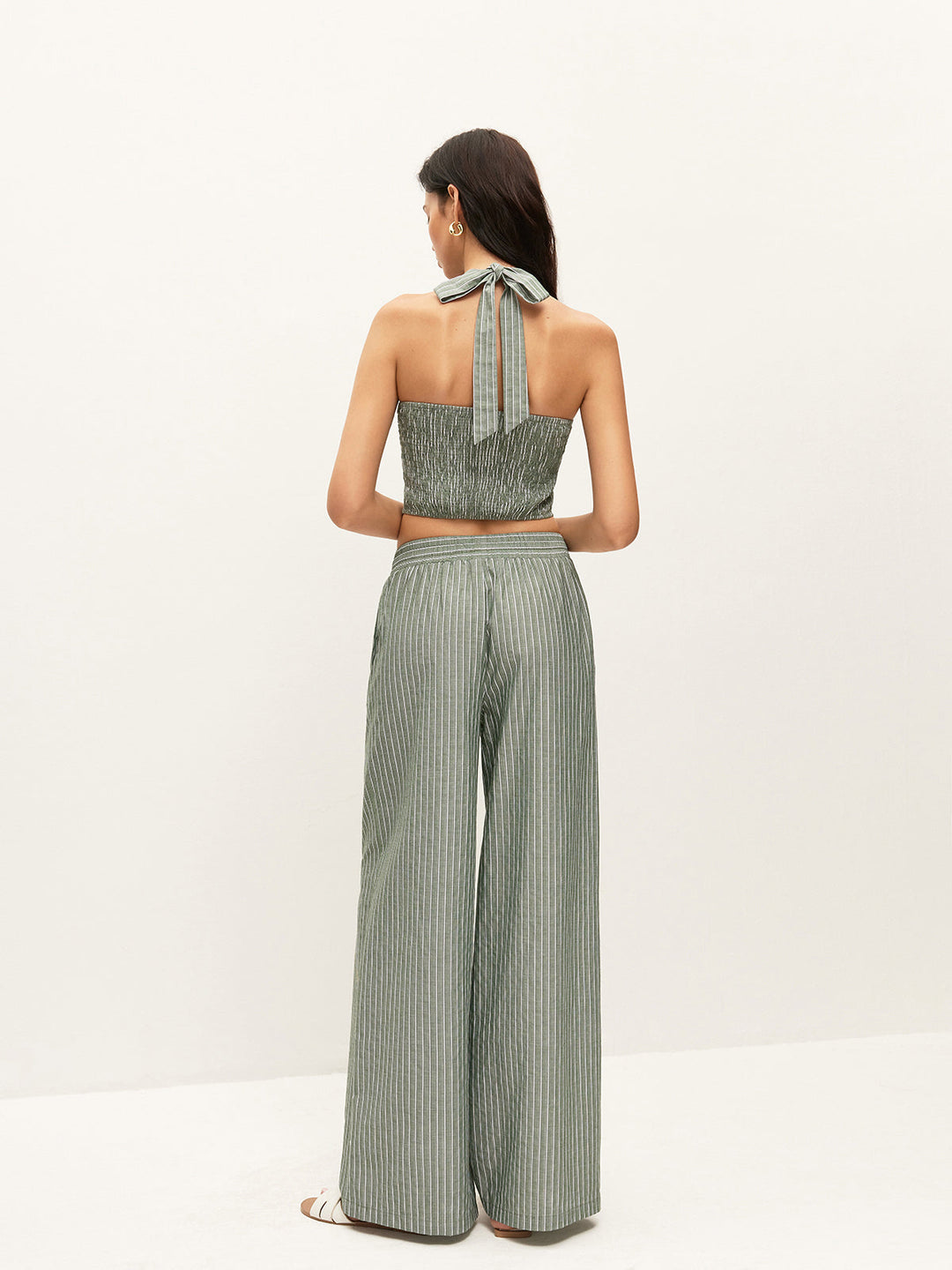 Striped Button-Detail Halter Top With Pants Set  Liora Lane Boutique Pant Sets ArmyGreen / XL 127.99