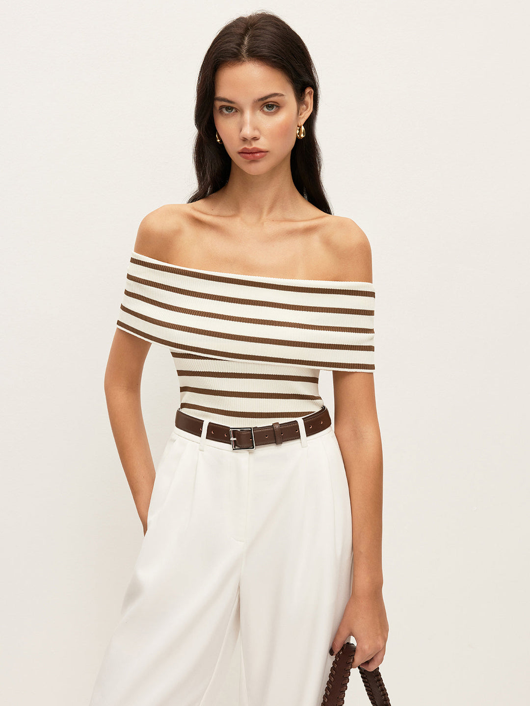 Striped Off-Shoulder Ribbed Top  Liora Lane Boutique Knit Tops