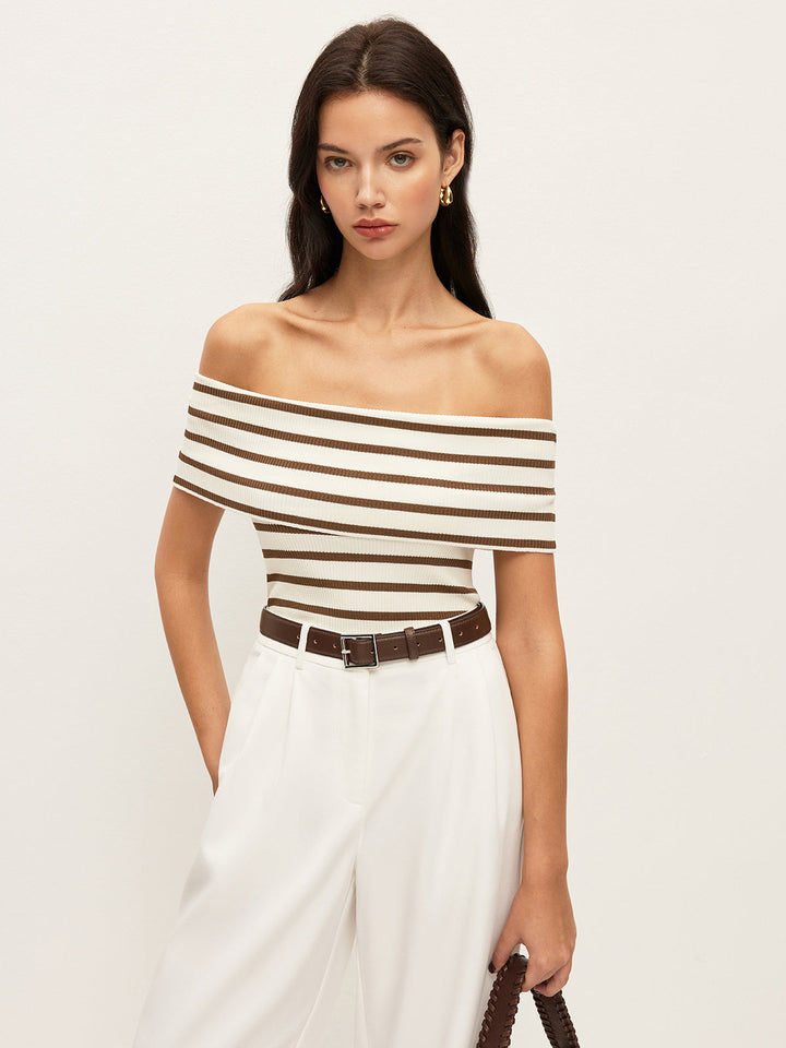 Striped Off-Shoulder Ribbed Top  Liora Lane Boutique Knit Tops