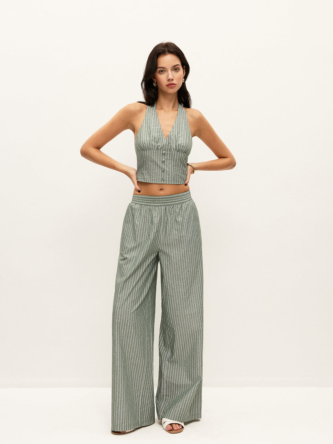 Striped Button-Detail Halter Top With Pants Set  Liora Lane Boutique Pant Sets
