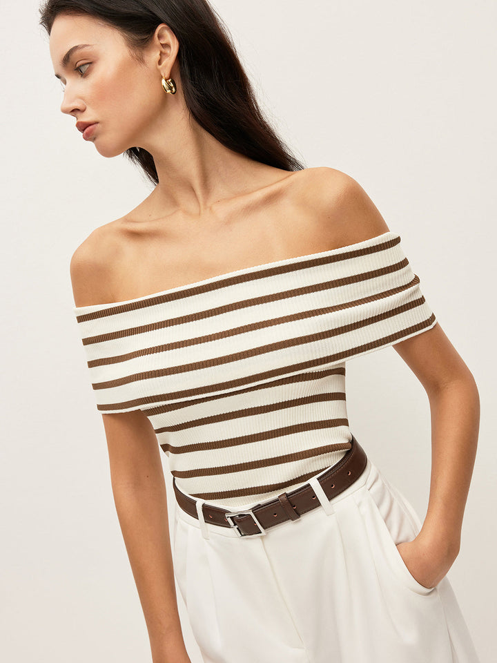 Striped Off-Shoulder Ribbed Top  Liora Lane Boutique Knit Tops