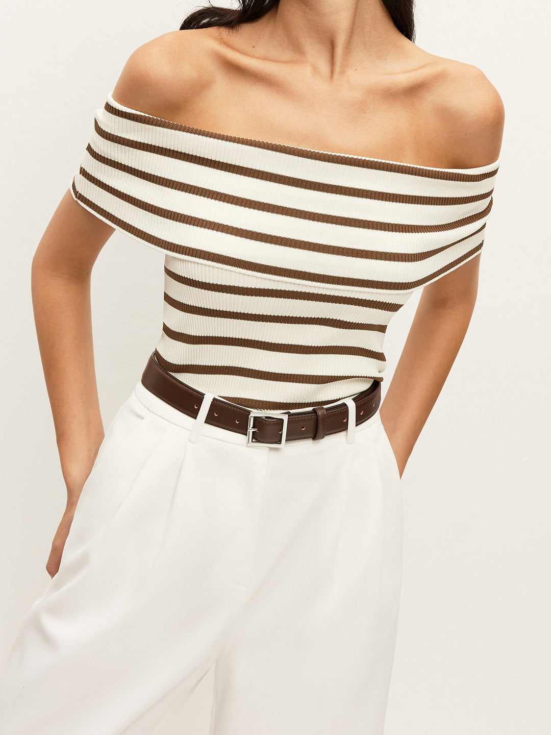 Striped Off-Shoulder Ribbed Top  Liora Lane Boutique Knit Tops