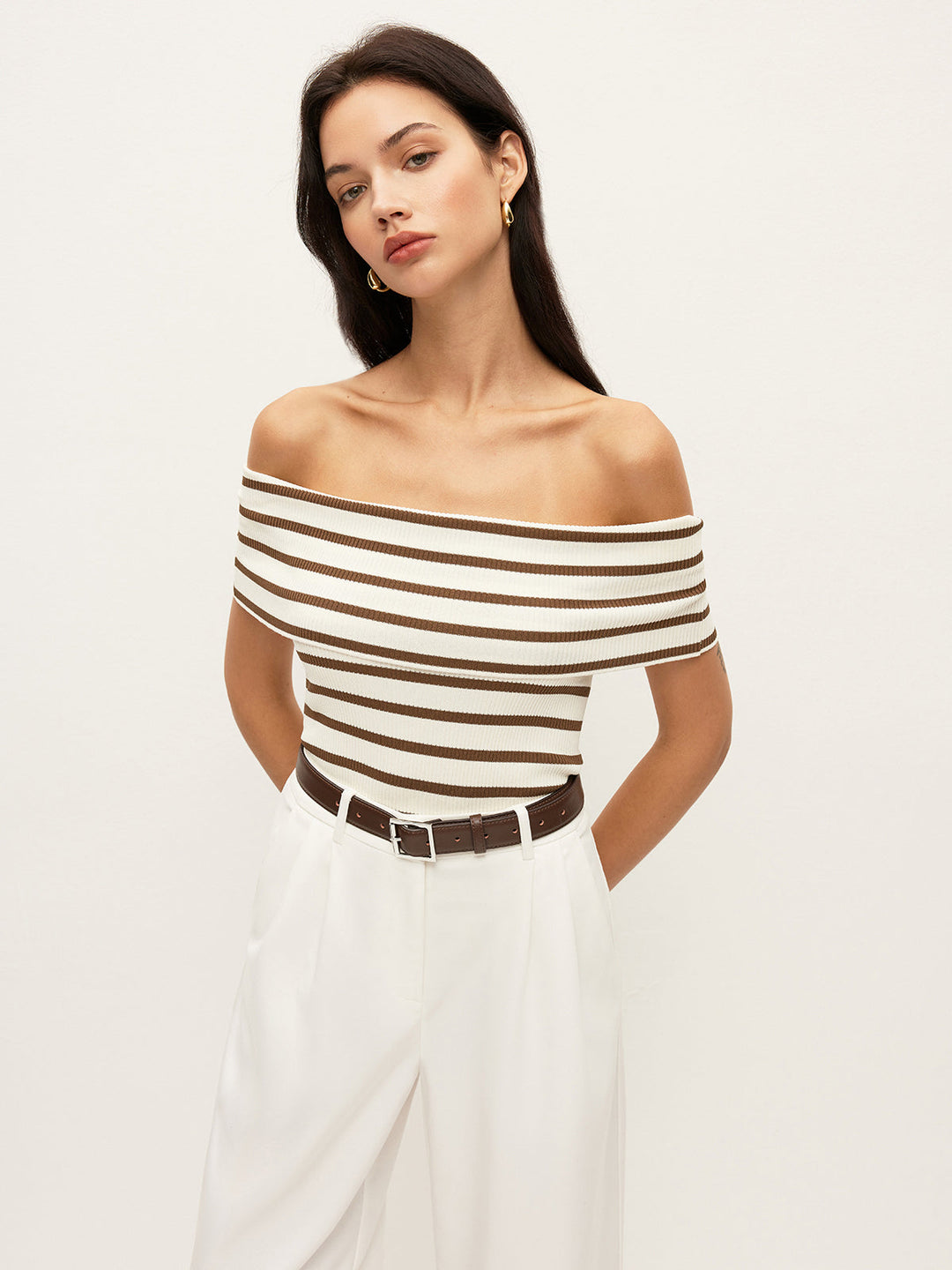 Striped Off-Shoulder Ribbed Top  Liora Lane Boutique Knit Tops