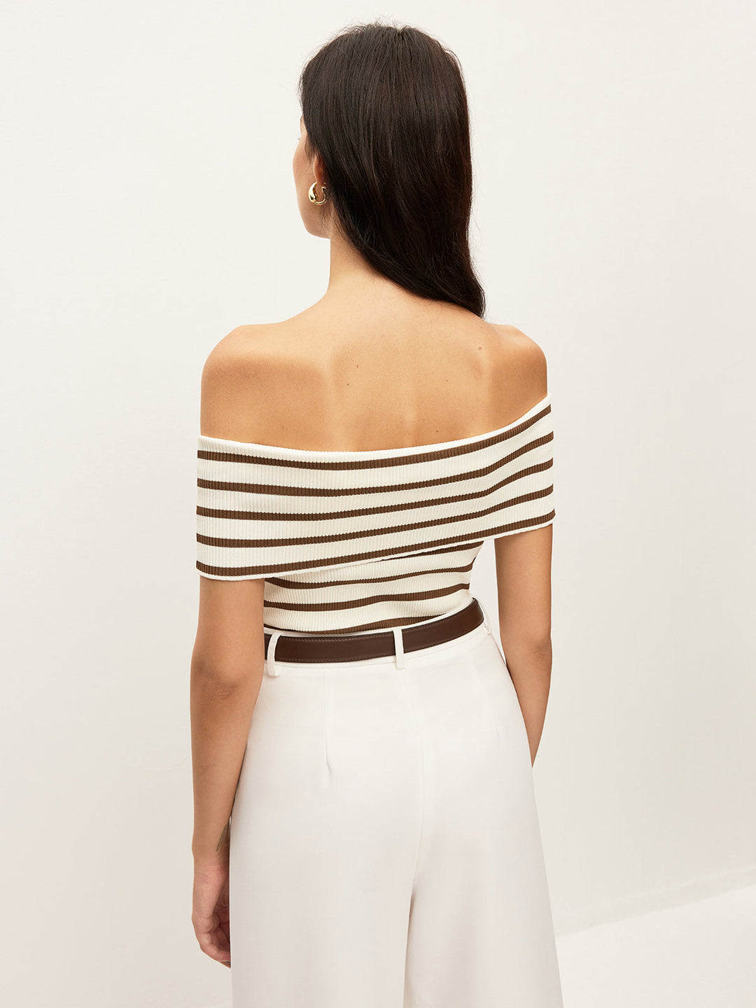 Striped Off-Shoulder Ribbed Top  Liora Lane Boutique Knit Tops