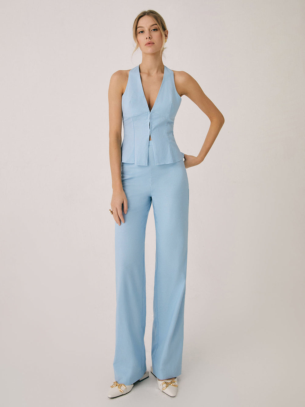 Cotton & Linen Vest With Straight Leg Pants Set  Liora Lane Boutique Pant Sets