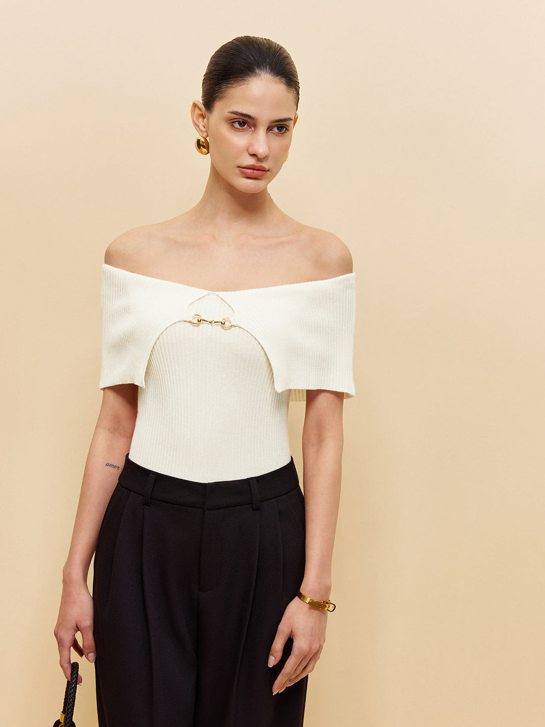 Off-Shoulder Chain Detail Ribbed Knit Top  Liora Lane Boutique Knit Tops