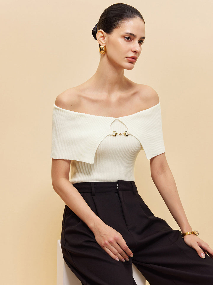 Off-Shoulder Chain Detail Ribbed Knit Top  Liora Lane Boutique Knit Tops