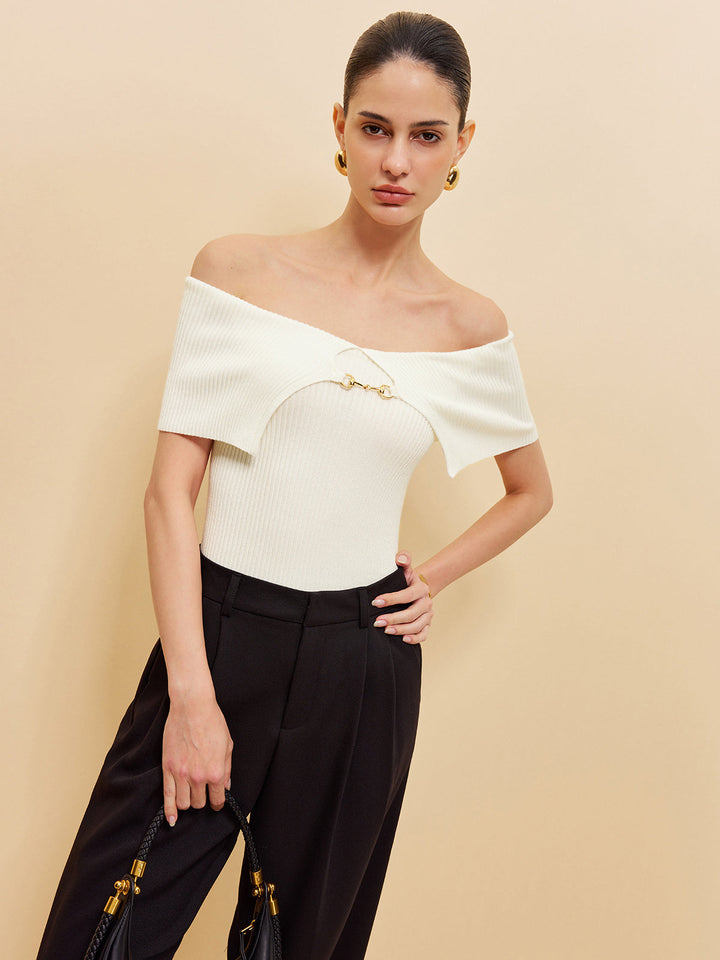 Off-Shoulder Chain Detail Ribbed Knit Top  Liora Lane Boutique Knit Tops