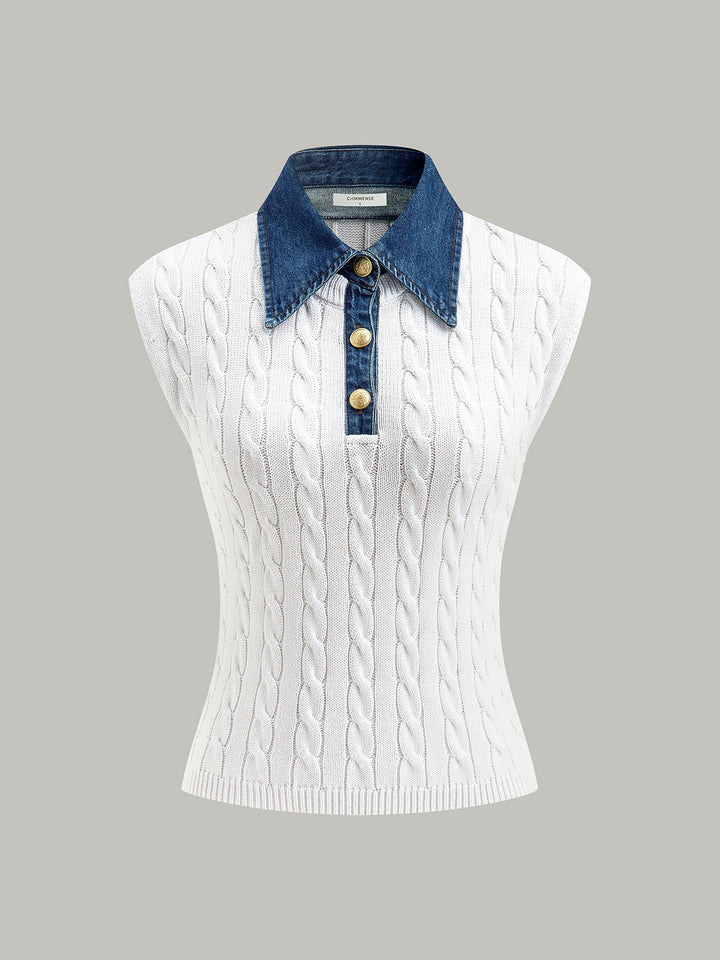 Cotton Denim Collar Knit Top  Liora Lane Boutique Sweaters White / XL 48.00