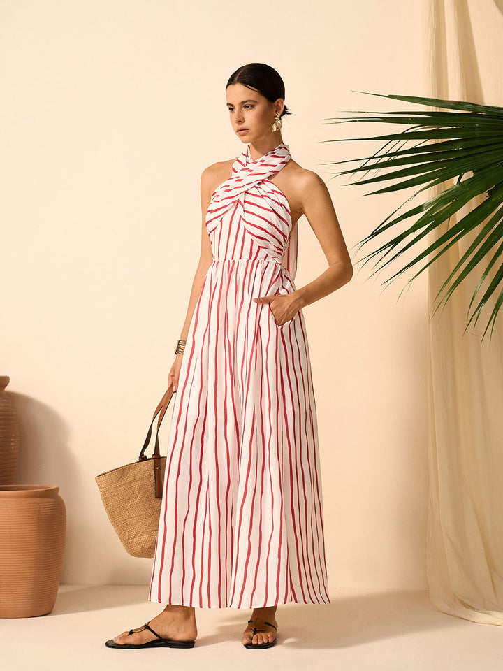 Striped Twist Halter Dress  Liora Lane Boutique Dresses