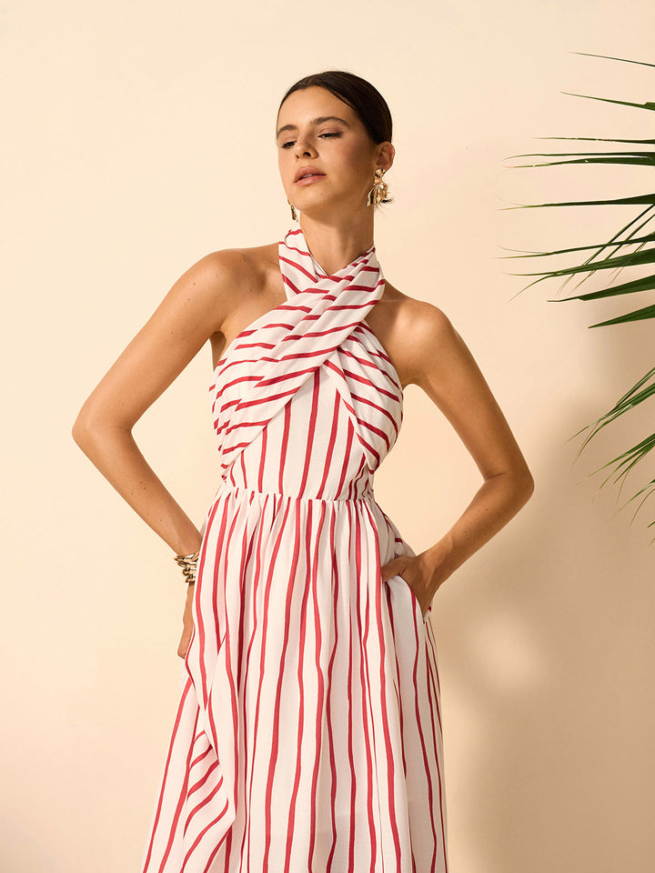 Striped Twist Halter Dress  Liora Lane Boutique Dresses