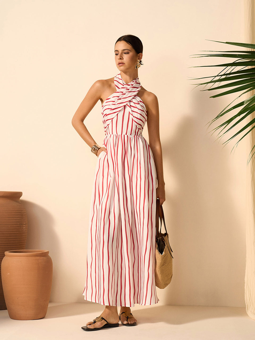 Striped Twist Halter Dress  Liora Lane Boutique Dresses Red / XL 84.99