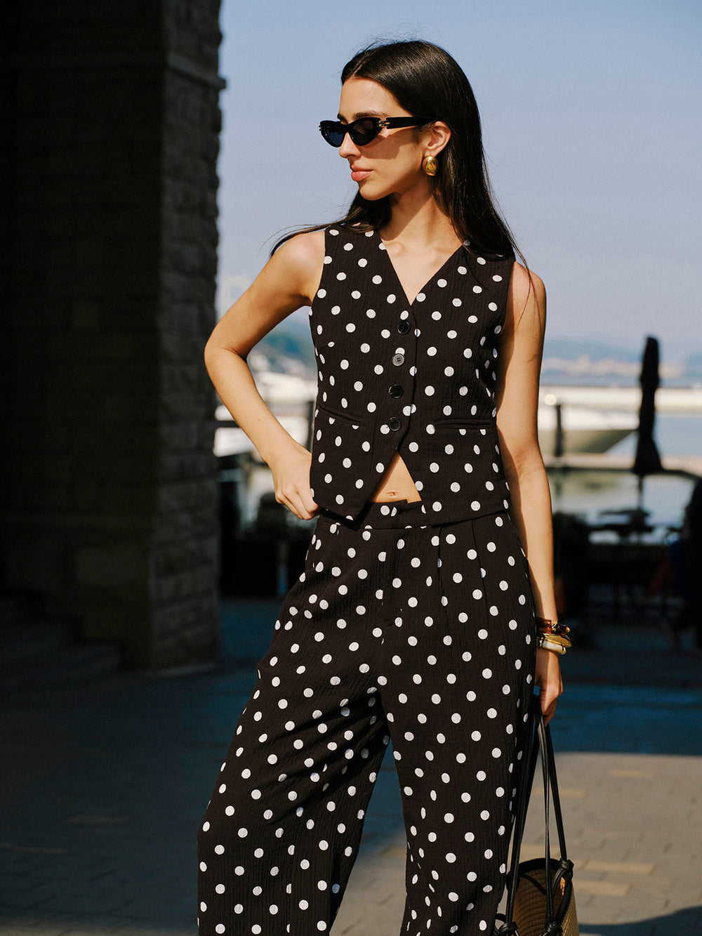 Cotton Polka Dot Vest With Pants Set  Liora Lane Boutique Pant Sets