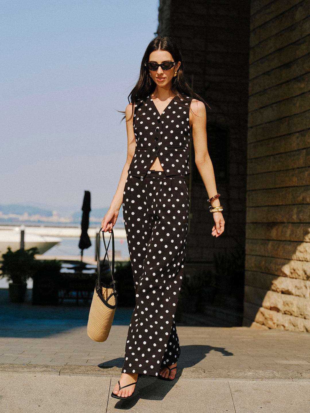 Cotton Polka Dot Vest With Pants Set  Liora Lane Boutique Pant Sets BlackandWhite / XL 156.99