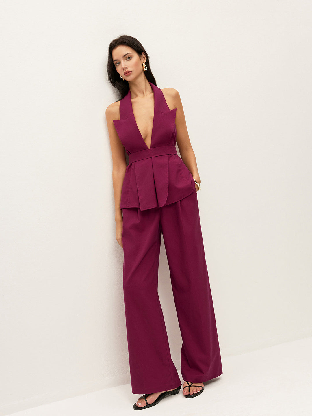 Halter Neck Belted Pocketed Pants Set  Liora Lane Boutique Pant Sets Fuchsia / XL 142.99