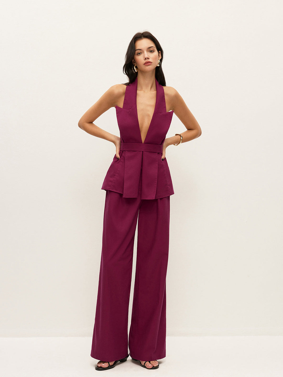 Halter Neck Belted Pocketed Pants Set  Liora Lane Boutique Pant Sets