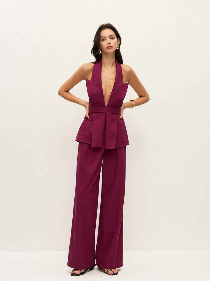 Halter Neck Belted Pocketed Pants Set  Liora Lane Boutique Pant Sets