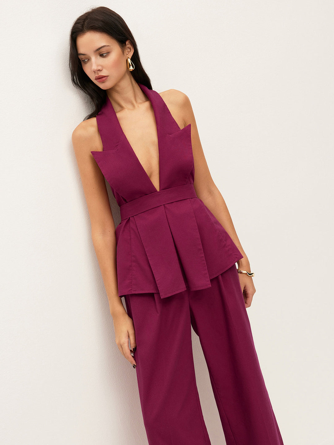 Halter Neck Belted Pocketed Pants Set  Liora Lane Boutique Pant Sets