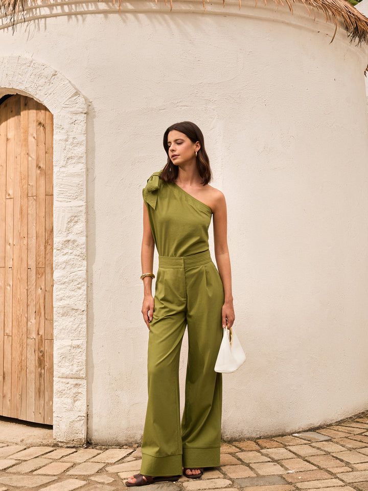 Cotton & Linen One-Shoulder Top With Pants Set  Liora Lane Boutique Pant Sets