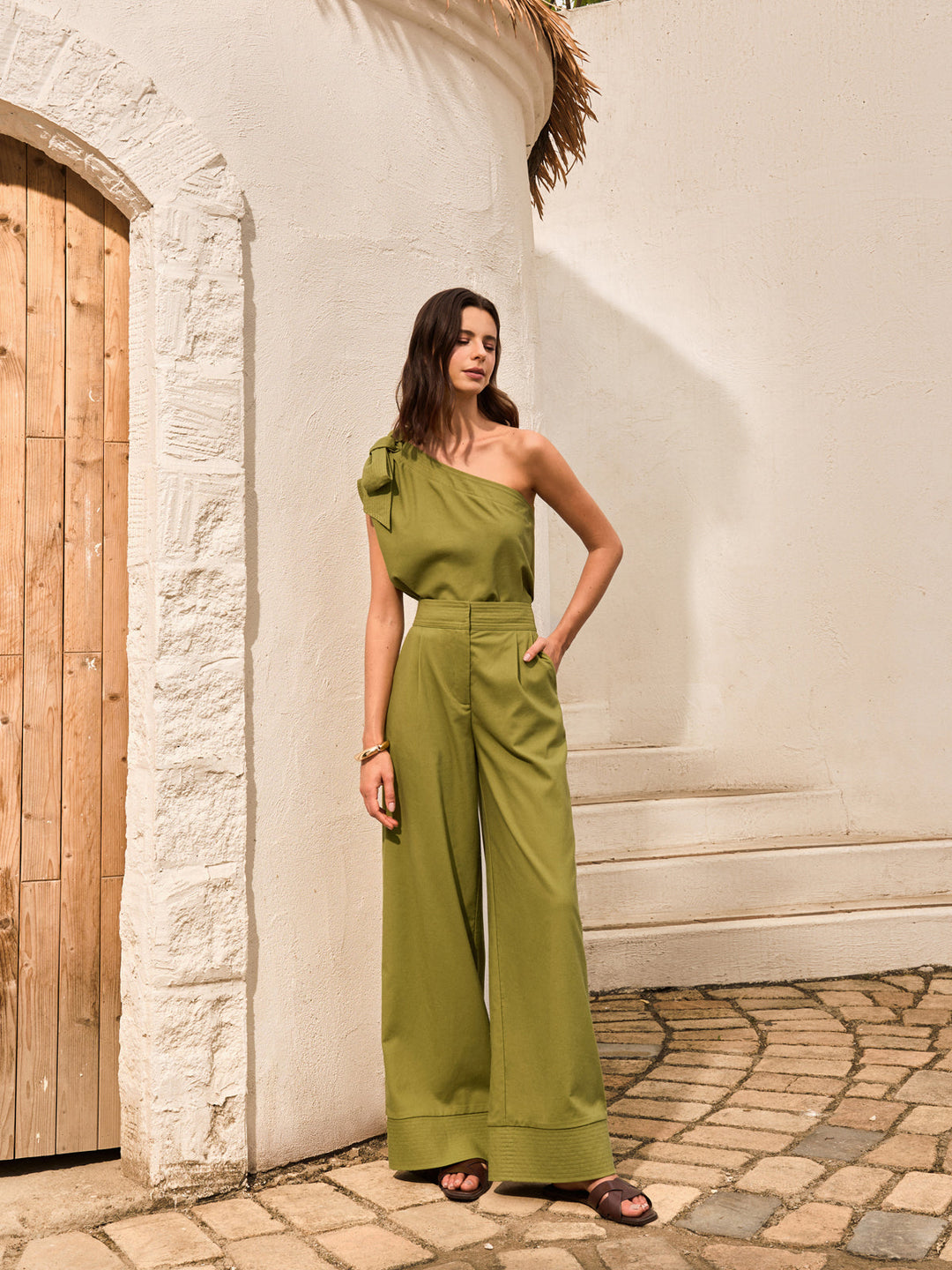 Cotton & Linen One-Shoulder Top With Pants Set  Liora Lane Boutique Pant Sets