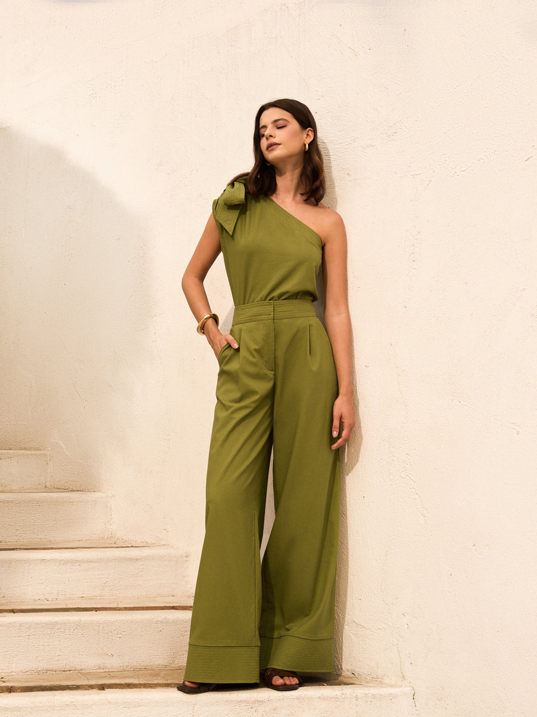 Cotton & Linen One-Shoulder Top With Pants Set  Liora Lane Boutique Pant Sets Green / XL 162.99