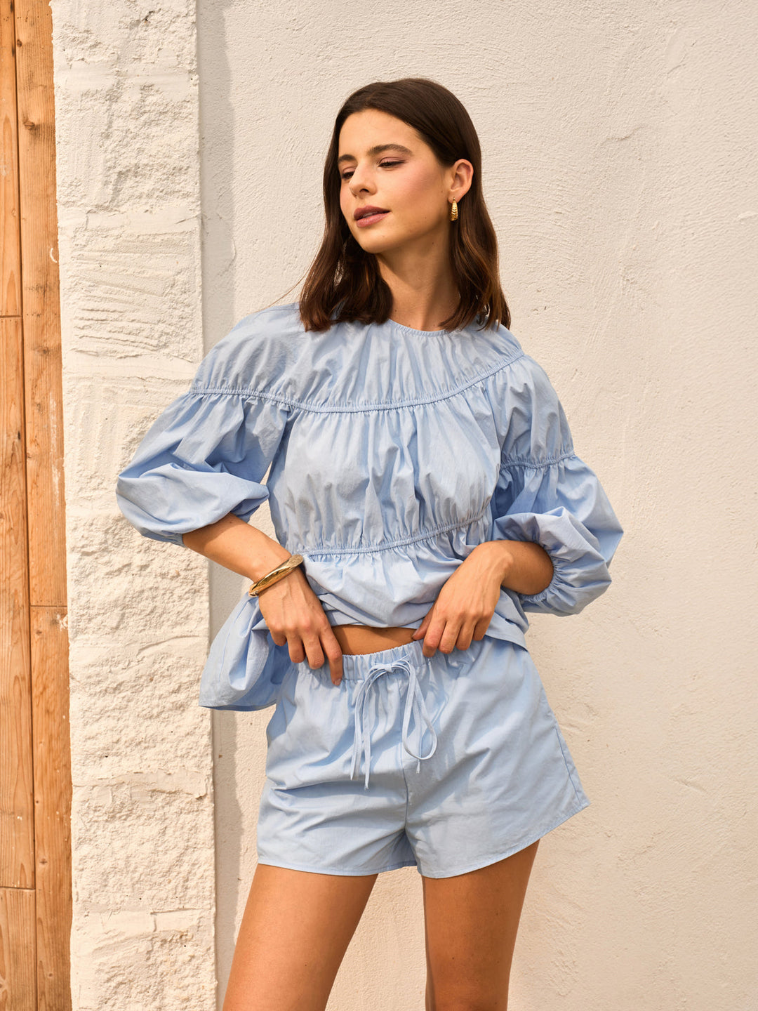 Cotton-Blend Puff Sleeve Top With Shorts Set  Liora Lane Boutique Short Sets LightBlue / XL 48.00