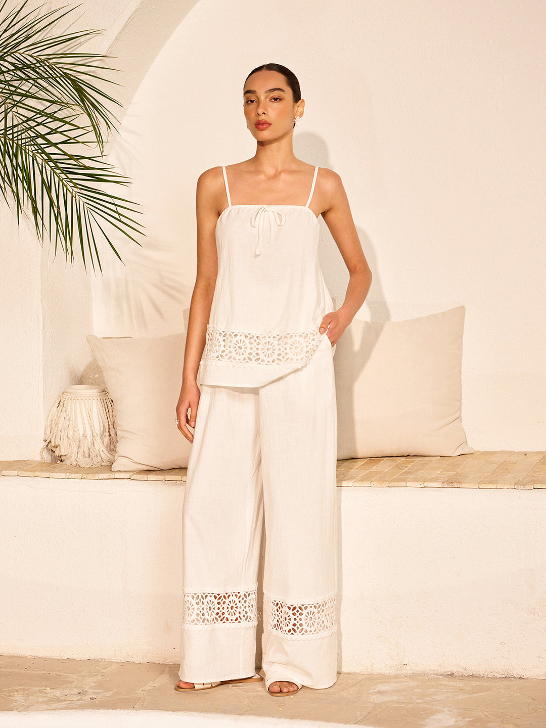 Cotton Pants Set With Lace Panels  Liora Lane Boutique Pant Sets