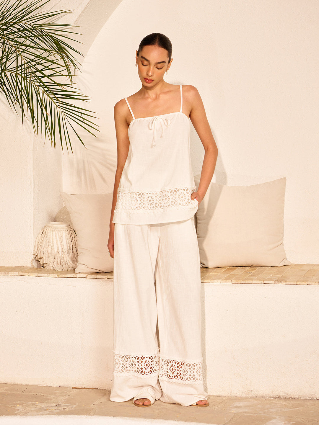 Cotton Pants Set With Lace Panels  Liora Lane Boutique Pant Sets