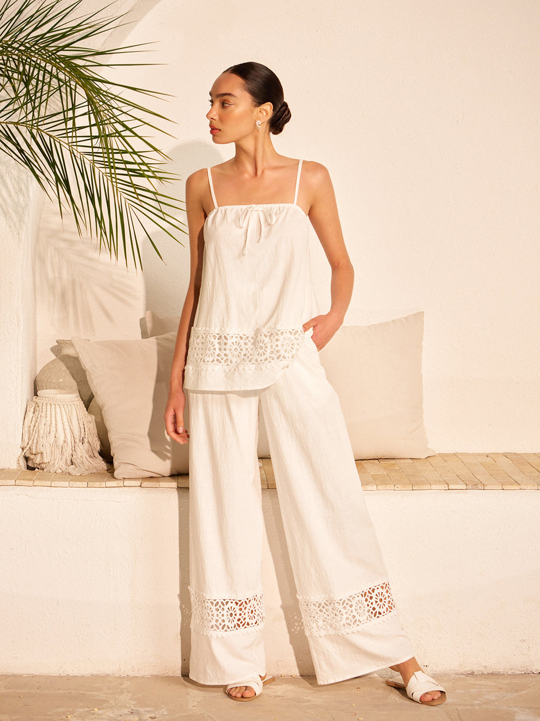 Cotton Pants Set With Lace Panels  Liora Lane Boutique Pant Sets White / XL 140.99