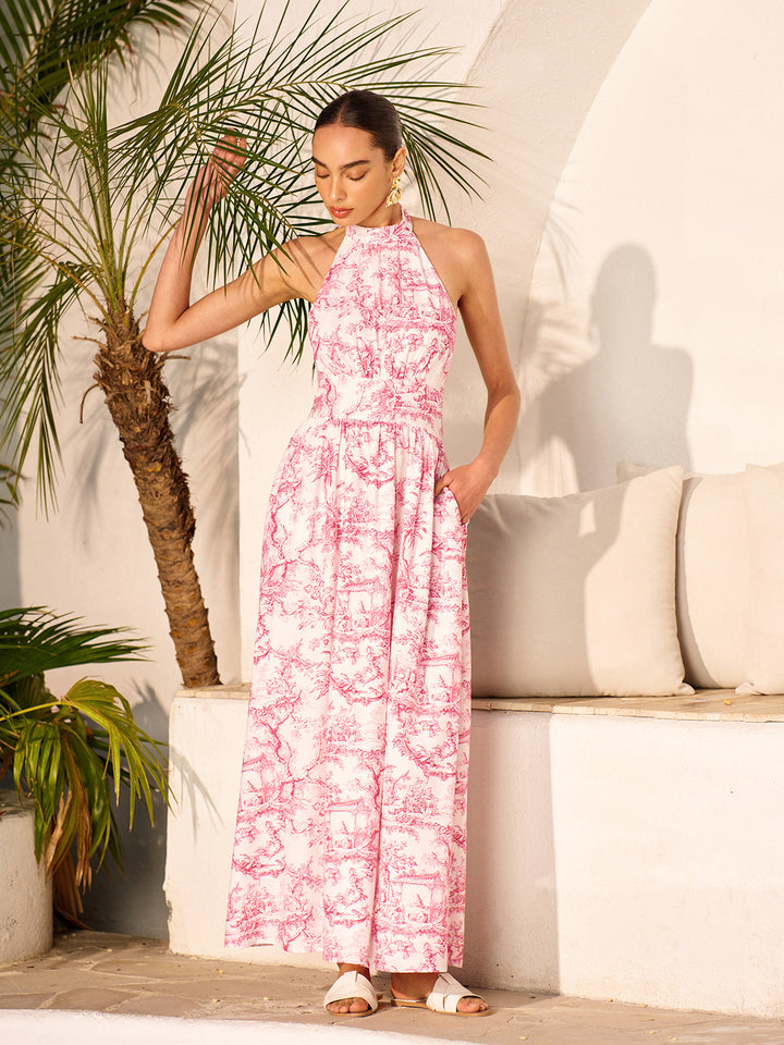 Halter Neck Printed Backless Dress With Pockets  Liora Lane Boutique Dresses