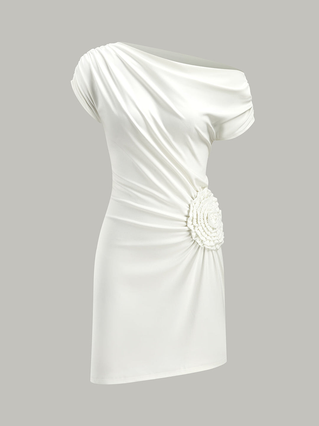 One-Shoulder Ruched Dress With Rosette Detail  Liora Lane Boutique Dresses White / XL 34.00