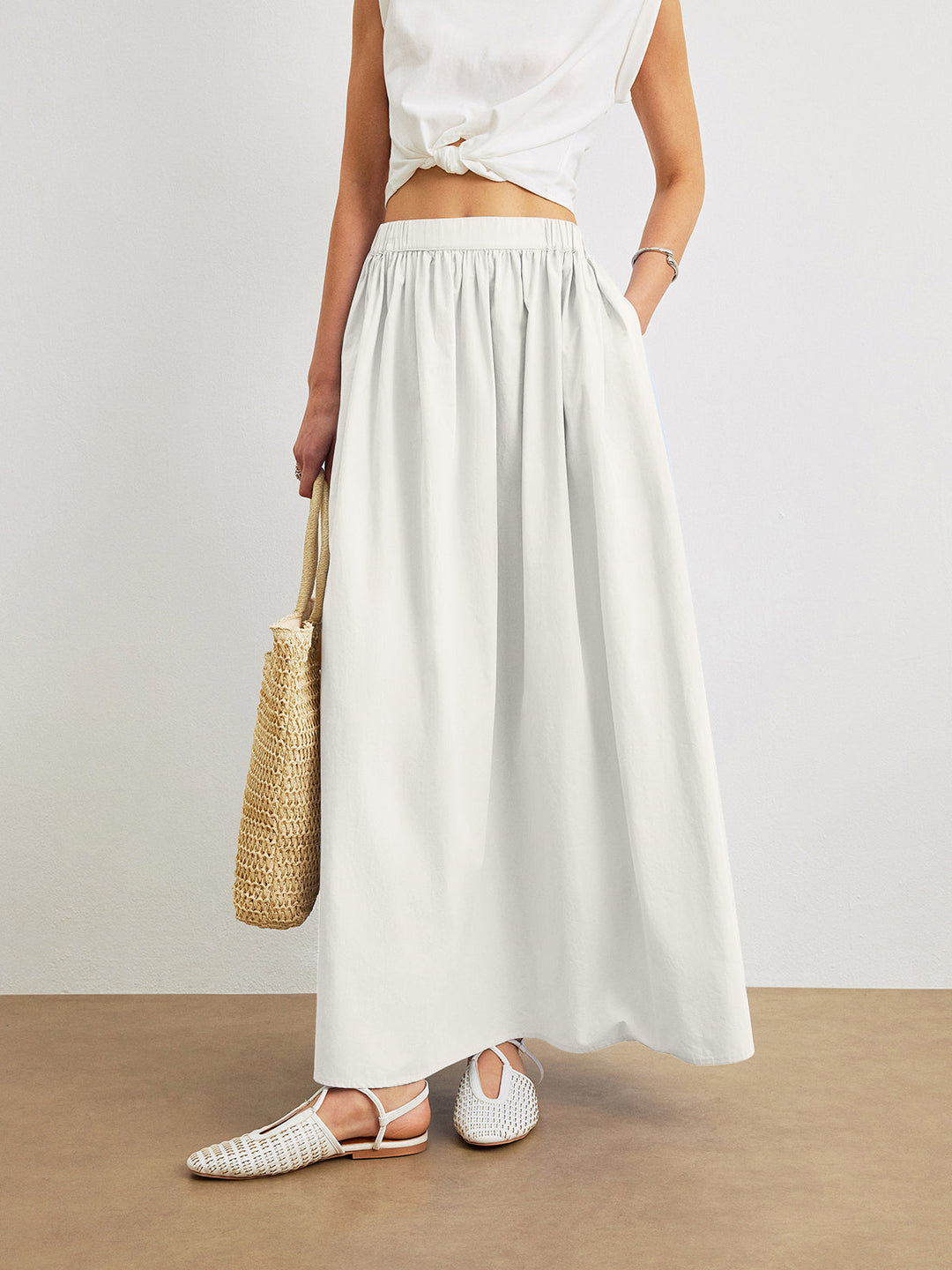 Cotton A-Line Skirt With Pockets  Liora Lane Boutique Skirts White / XL 46.00