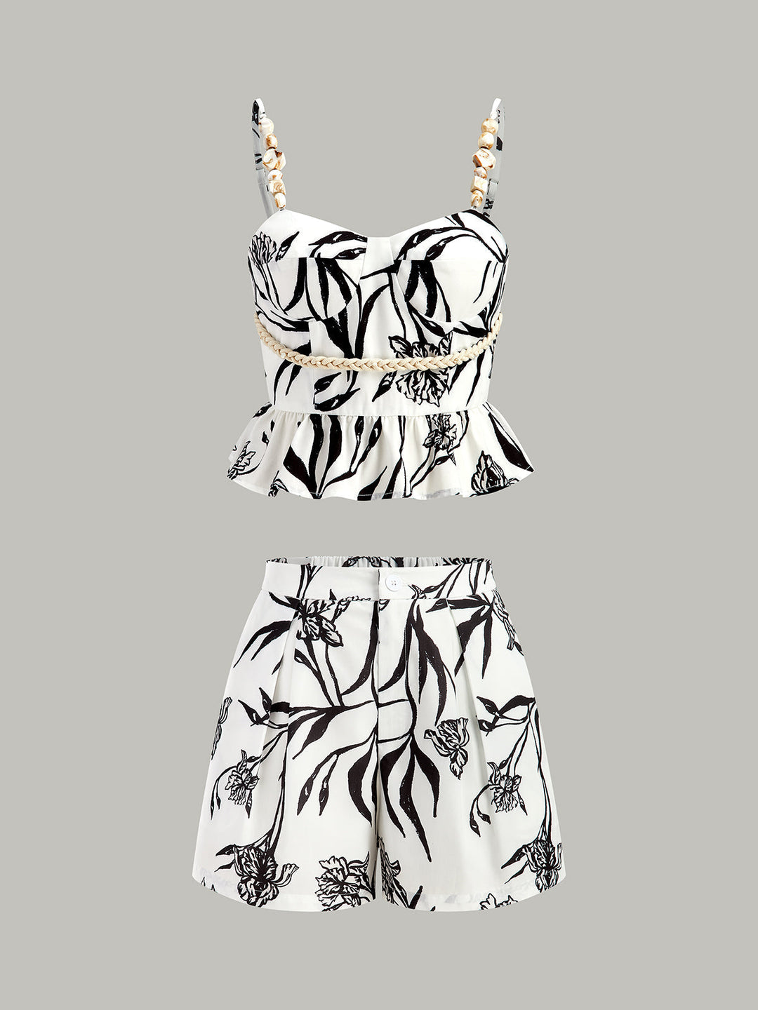 Floral Print Peplum Top With Shorts Set  Liora Lane Boutique Short Sets BlackandWhite / XL 59.00
