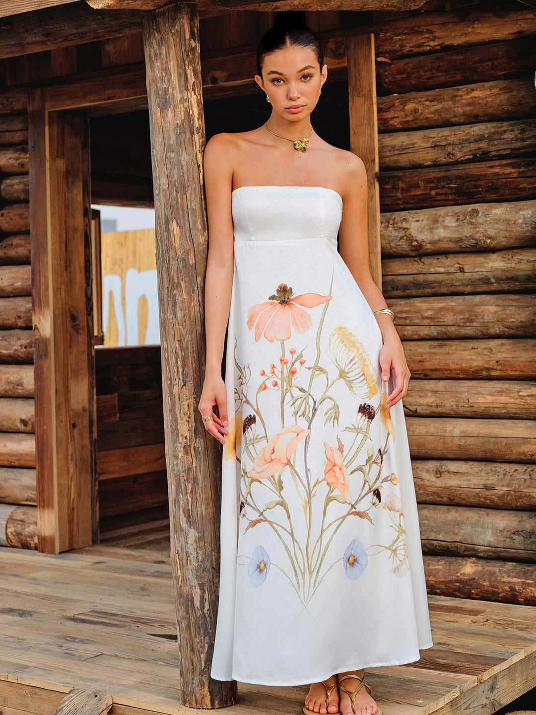 Strapless Floral Print Dress  Liora Lane Boutique Dresses Apricot / XL 34.00