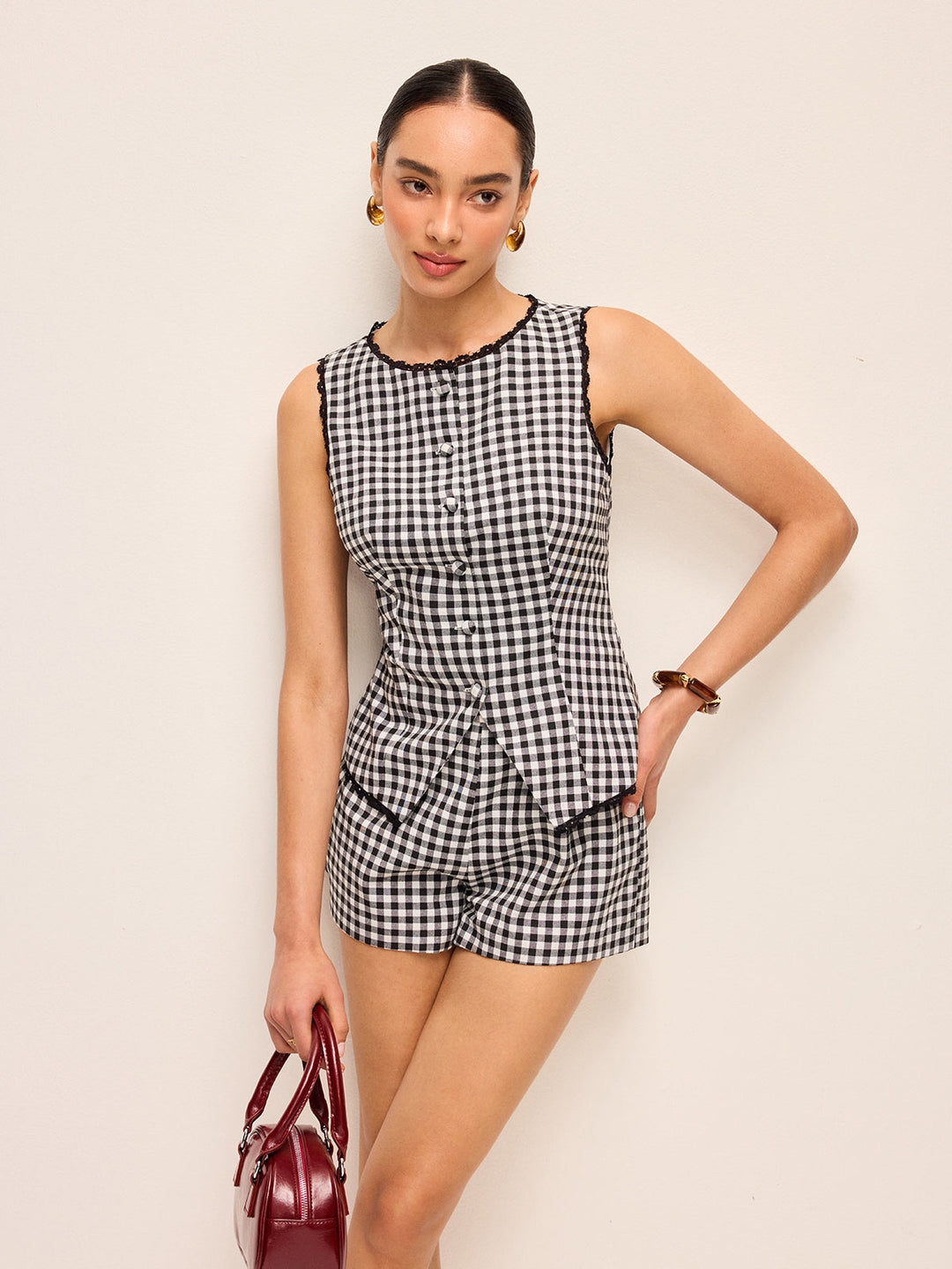 Gingham Button Top and Shorts Set  Liora Lane Boutique Short Sets Black / XL 55.00
