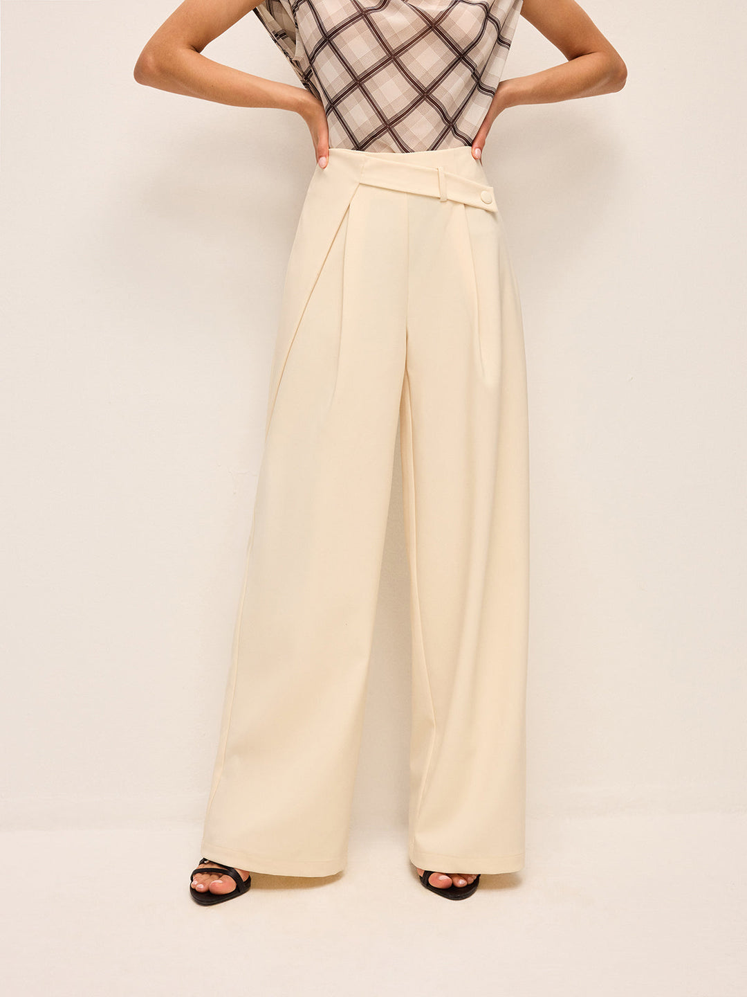 Mid-Waisted Wide-Leg Pants With Belted Detail  Liora Lane Boutique Pants Beige / XL 39.00